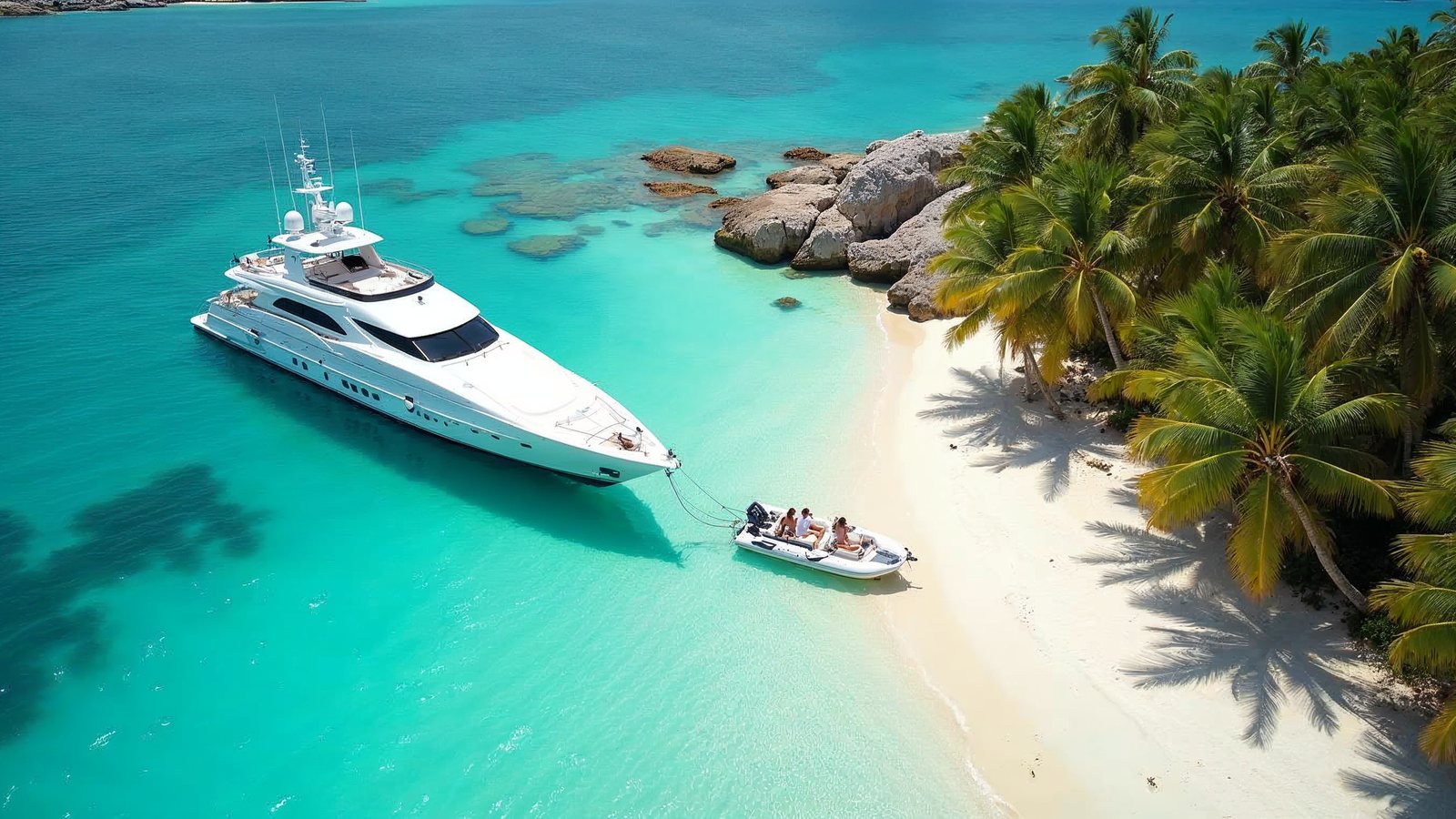 A charter yacht at anchor off a white sand beach with palm trees