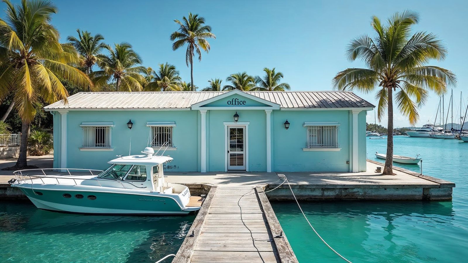 A yacht tender tied up at a small dock in front of a harbour office on a Caribbean island