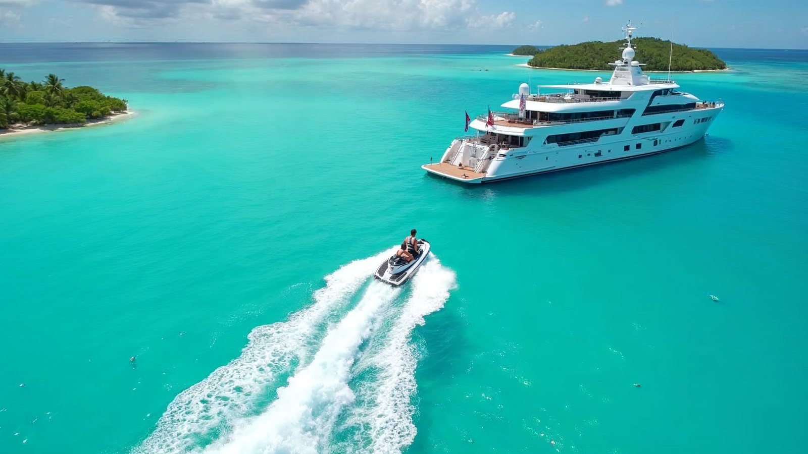 A jet ski leaves a white wake past an anchored yacht in the Caribbean