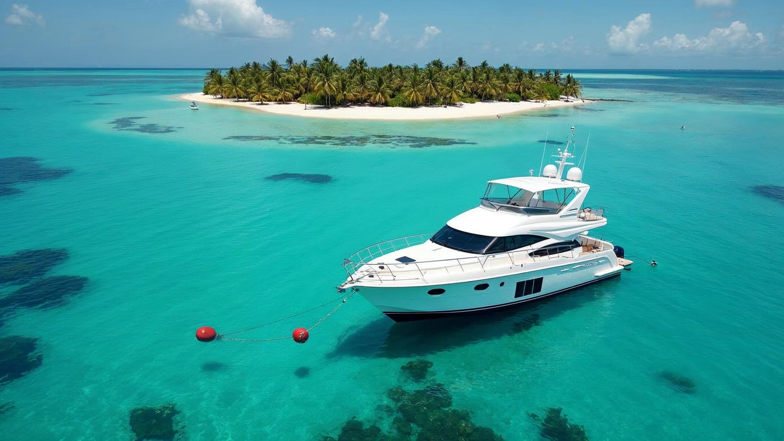 A yacht on a mooring buoy above a shallow coral reef in the Caribbean