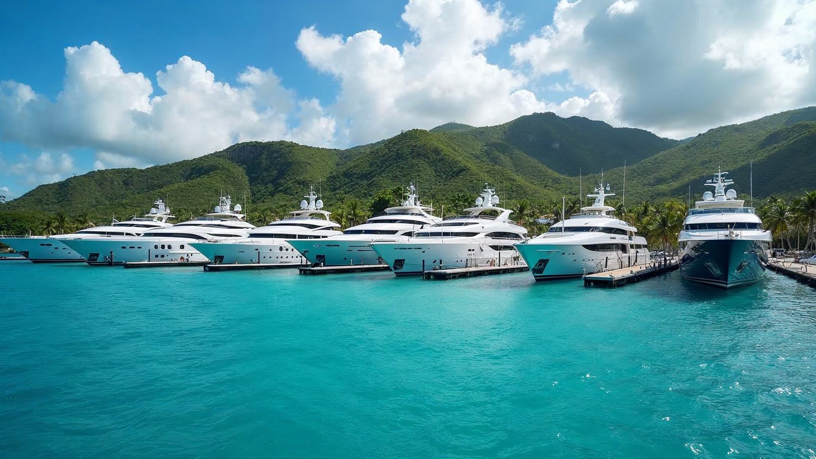 Superyachts lined up at a Caribbean marina with hills behind