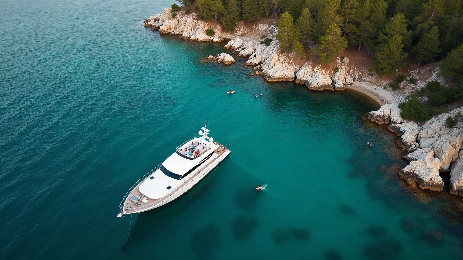A charter yacht at anchor in a quiet bay with pine trees on a Croatian island