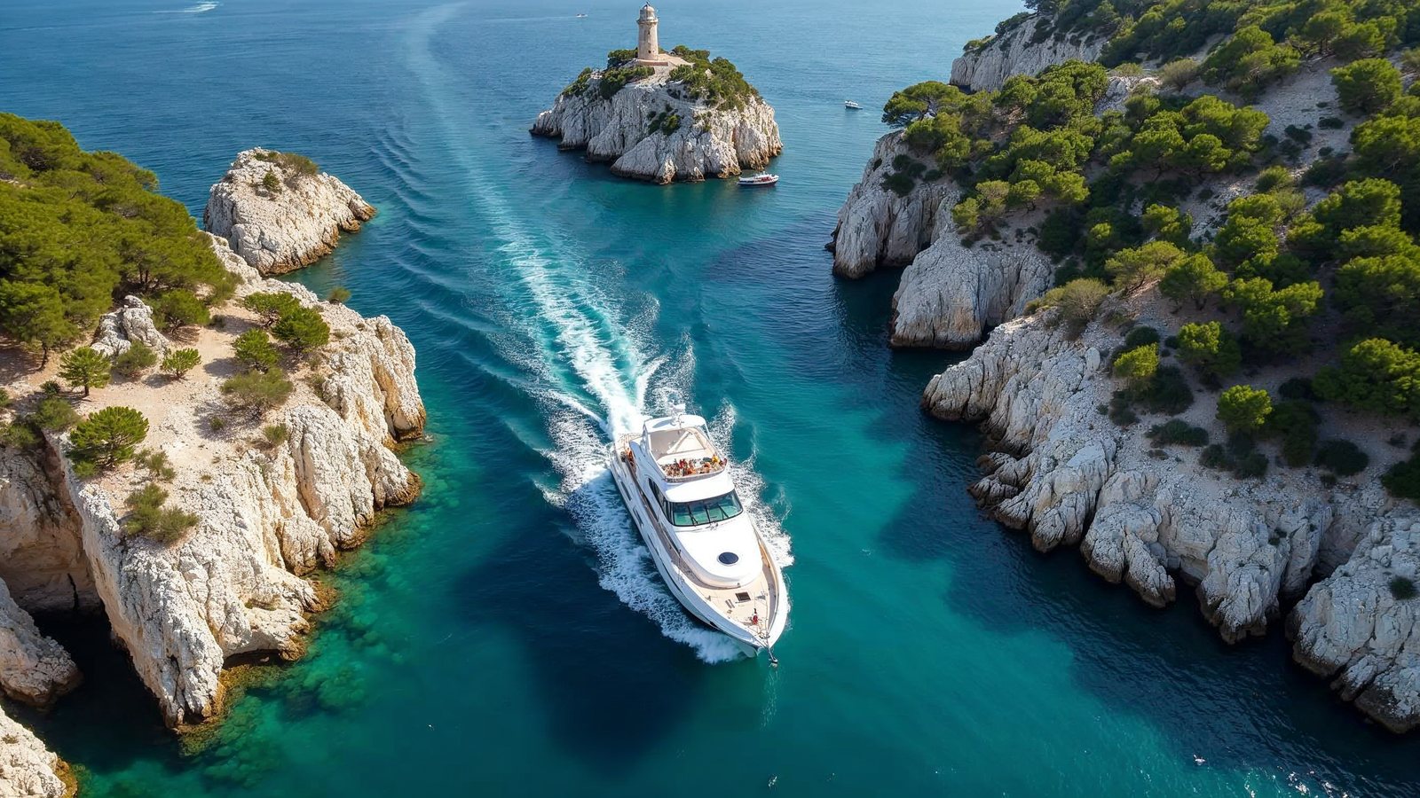 A motor yacht passing through a narrow channel between rocky Croatian islands