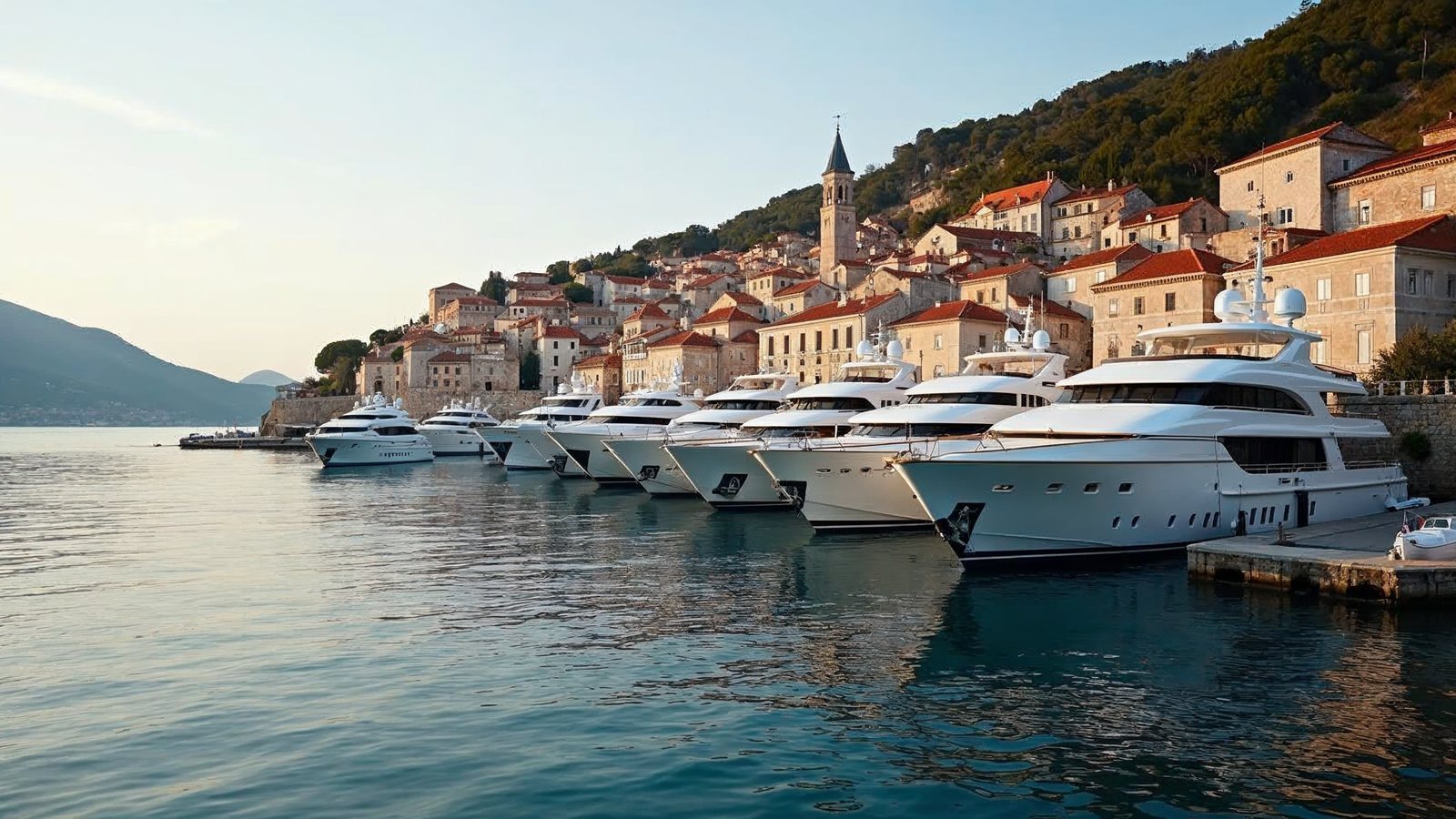 Superyachts moored stern-to below a walled old town on the Croatian coast