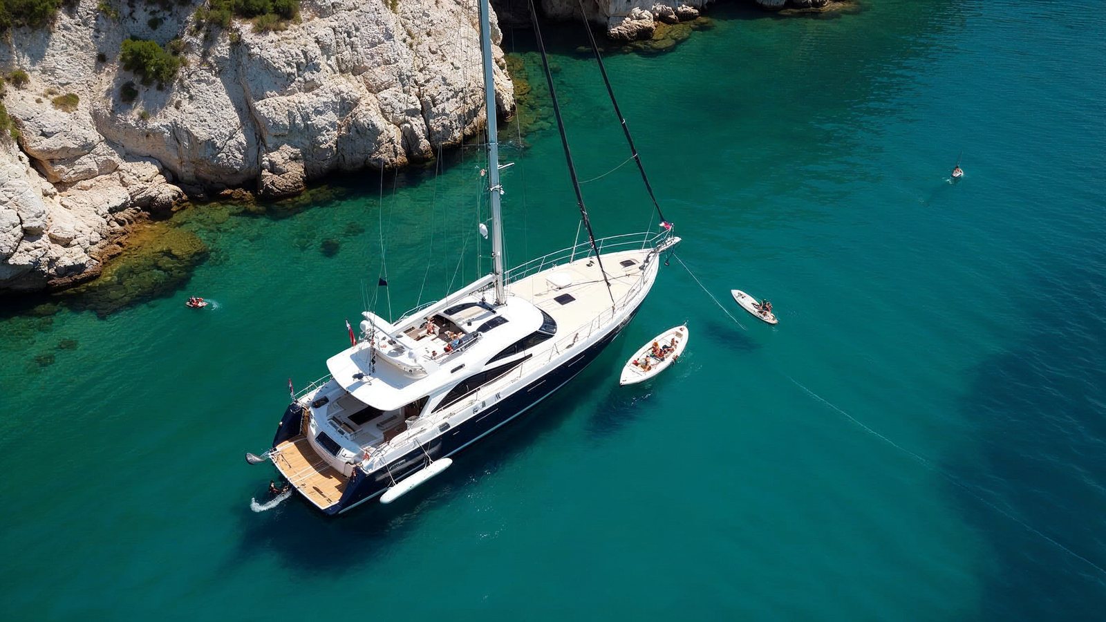Water toys and a tender beside a yacht in a rocky Adriatic cove