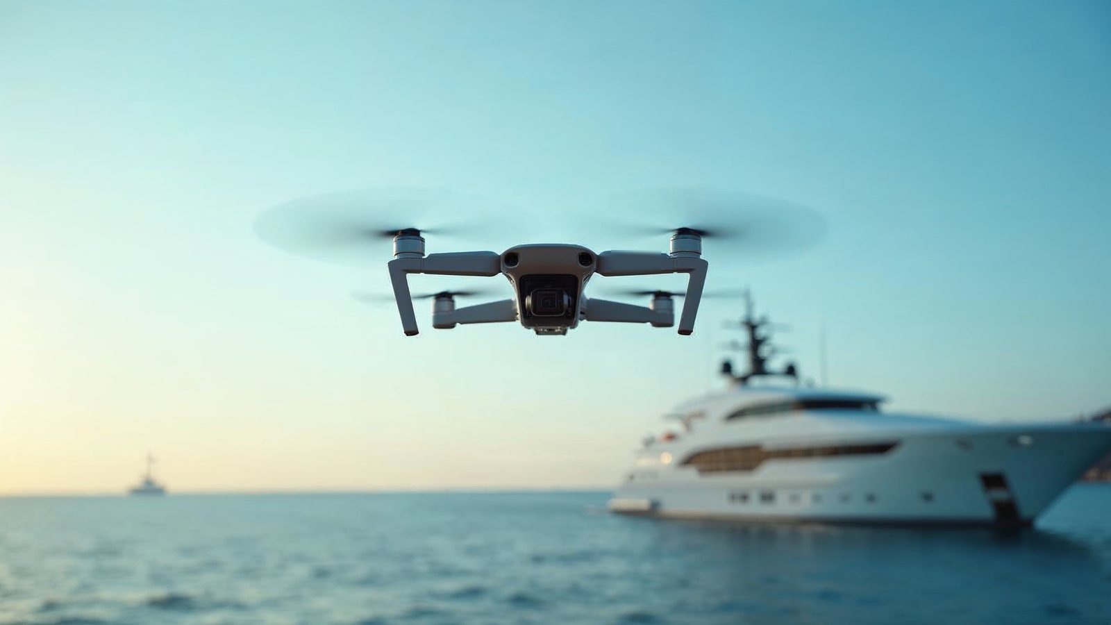 A small camera drone hovering above the sea with a yacht anchored below