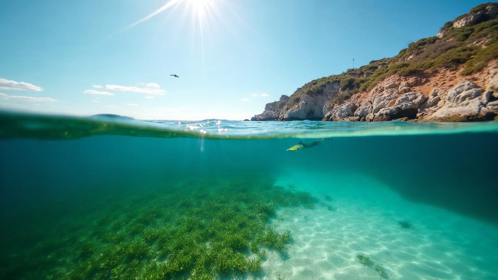A seagrass meadow and sandy seabed under clear water, with a snorkeller at the surface