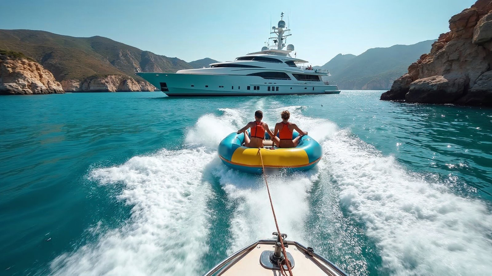 View from the stern of a tender: a tow rope runs to an inflatable tube with two riders in life jackets, a superyacht at anchor in the bay behind