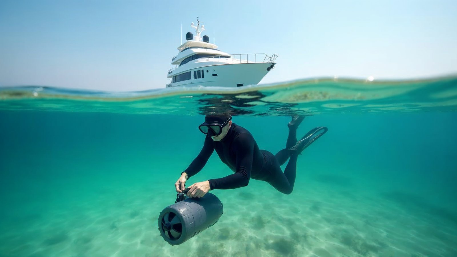 Split view at the water line: a swimmer in mask and wetsuit holds a compact underwater scooter, a yacht at anchor above